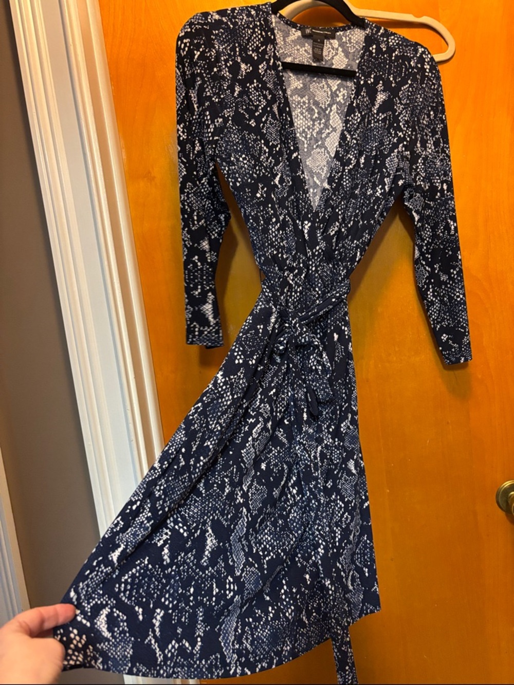 INC International Concepts Navy and White Printed Long-Sleeve Wrap Dress